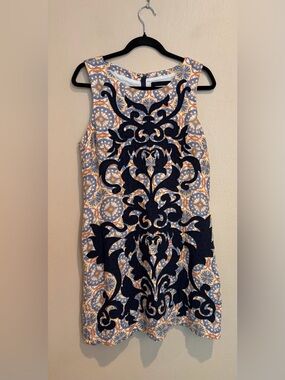 Vanessa Virginia by Anthro Navy Geometric Midi Dress, Summery Fun, Linen Blend